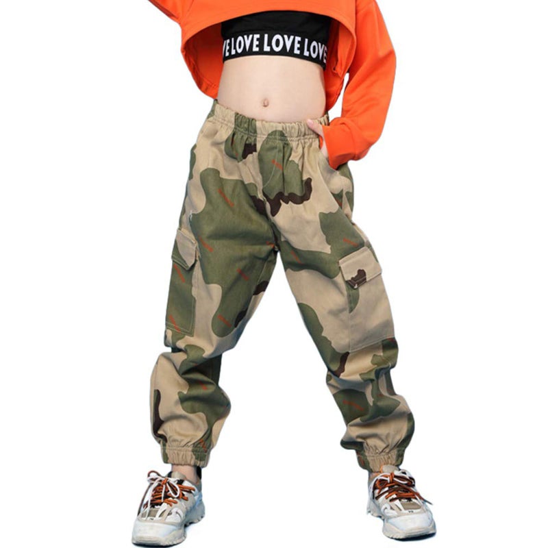 Rolanko Girls Kids Camouflage Cargo Jogger Pants with Pocket, Hip Hop Street Dance Trousers Boys Clothing (Camo, 10-12) - Image 1
